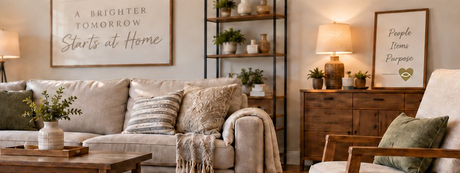 A warm, welcoming living room furnished with quality secondhand pieces — the kind of item a Faithful Goods seller might list.
